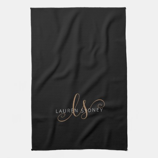 Linge De Cuisine Script féminin Black Gold moderne Monogramme (Vertical)