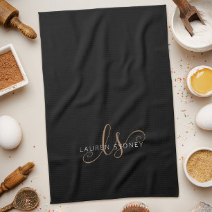 Linge De Cuisine Script féminin Black Gold moderne Monogramme