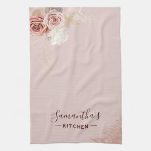 Linge De Cuisine Script Fleur Rose Terracotta Personnalisé