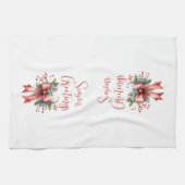 Linge De Cuisine Script Joyeuses Fêtes moderne Bow rouge (Horizontal)