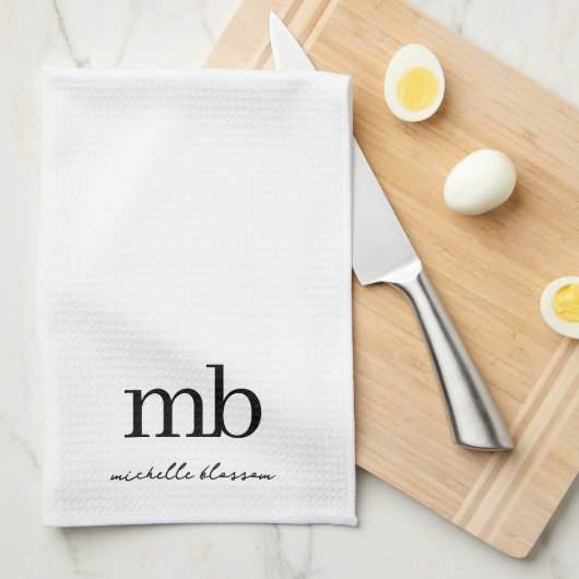 Linge De Cuisine Script moderne noir blanc tendance Monogramme init (Quart Plié)