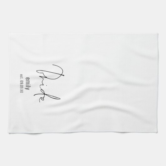 Linge De Cuisine Script moderne Nom de la mariée Date Keepsaké (Horizontal)