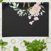 Linge De Cuisine Script Rose Floral Monogramme Or Noir (Plié)
