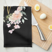 Linge De Cuisine Script Rose Floral Monogramme Or Noir (Quart Plié)