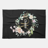 Linge De Cuisine Script Rose Floral Monogramme Or Noir (Horizontal)