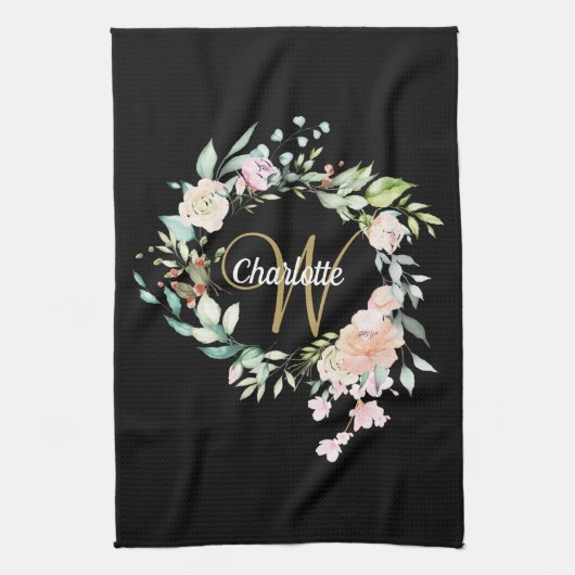 Linge De Cuisine Script Rose Floral Monogramme Or Noir (Vertical)
