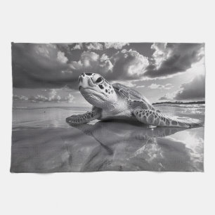 Linge De Cuisine Sea Turtle Art noir et blanc
