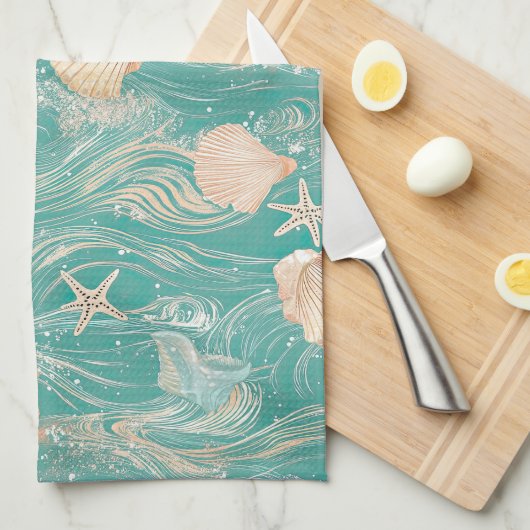 Linge De Cuisine Seashells and Ocean Waves Pattern (10) (Quart Plié)