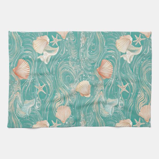 Linge De Cuisine Seashells and Ocean Waves Pattern (10) (Horizontal)