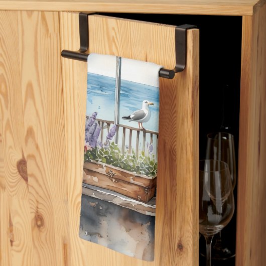 Linge De Cuisine Seaside Window View Watercolor Coastal Scene (Pliage en tiers)