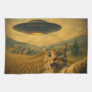 Linge De Cuisine Selfie De Chat Avec Alien UFO Drôle Cadeaux De Cha