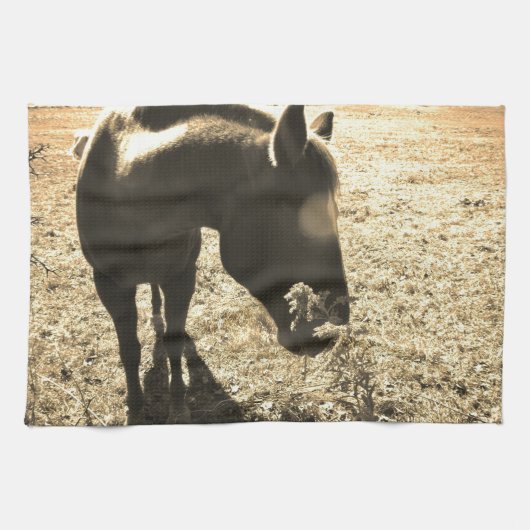 Linge De Cuisine Sepia Tone Photo de Cheval marron avec fleurs (Horizontal)