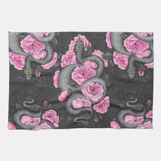 Linge De Cuisine Serpents et roses roses (Horizontal)
