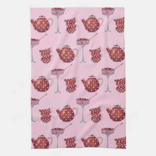 Linge De Cuisine Service à thé rouge tacheté et fraises motif rose