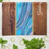 Linge De Cuisine Shabbat Shalom bleu marbre sur effet bois (Plié)