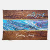 Linge De Cuisine Shabbat Shalom bleu marbre sur effet bois (Horizontal)