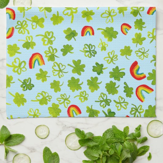 Linge De Cuisine Shamrocks et Rainbows Aquarelle Irlande (Plié)