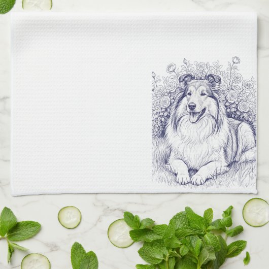 Linge De Cuisine Sheltie Sketch with Rose Bush (Plié)