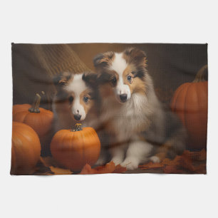 Linge De Cuisine Shetland Sheepdog Chiot Chiot Automne Citrouille d
