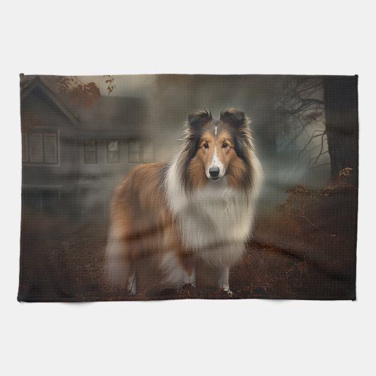 Linge De Cuisine Shetland Sheepdog Halloween effrayant (Horizontal)