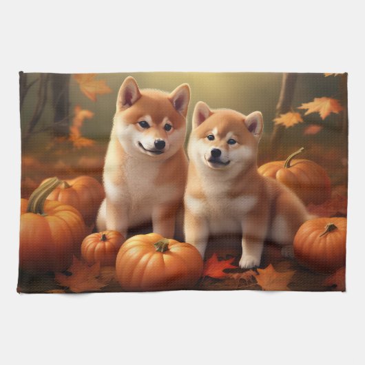 Linge De Cuisine Shiba Inu Chiot Automne Citrouille de plaisir (Horizontal)