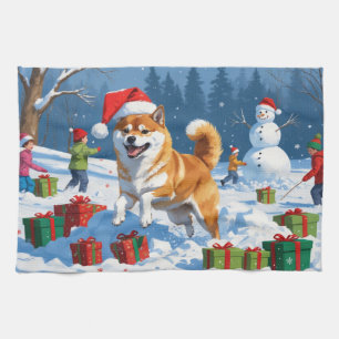 Linge De Cuisine Shiba Inu courant dans la neige avec un chapeau de