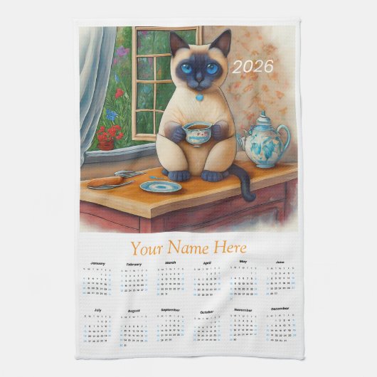Linge De Cuisine Siamese Cat Tea Time 2026 Tea Towel Calendar (Vertical)