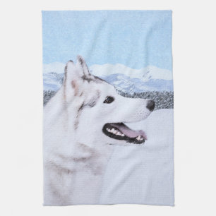 Linge De Cuisine Sibérie Husky (argent et blanc) Peinture Chien Art