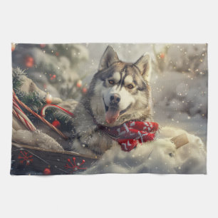 Linge De Cuisine Sibérie Husky Chien Festif de Noël