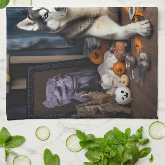 Linge De Cuisine Sibérie Husky Citrouille Halloween effrayant (Plié)