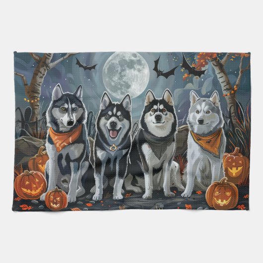 Linge De Cuisine Sibérie Husky Halloween Éffrayant (Horizontal)