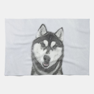 Linge De Cuisine Sibérie Husky (noir et blanc) peint l'art du chie