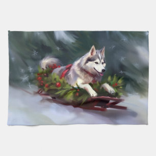 Linge De Cuisine Sibérien Husky neige de Noël hiver