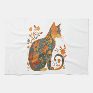 Linge De Cuisine Silhouette de chat floral - Botanique vintage colo