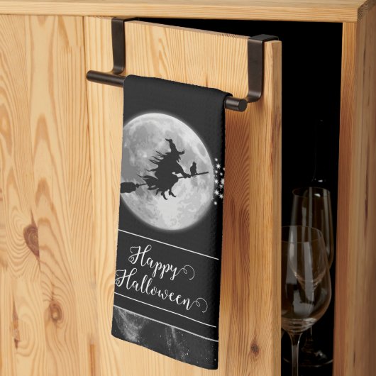 Linge De Cuisine Silhouette de sorcière noire Halloween (Pliage en tiers)
