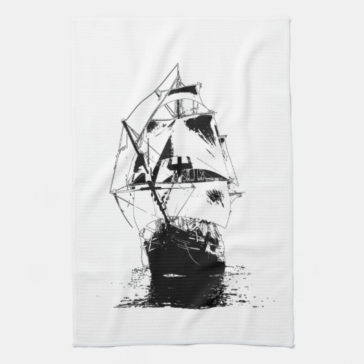 Linge De Cuisine Silhouette noire de bateau (Vertical)