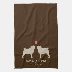 Linge De Cuisine Silhouettes de Pug avec cœur et texte