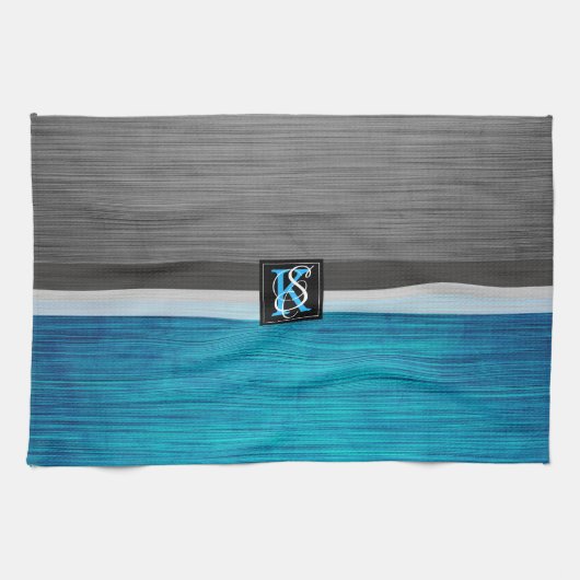 Linge De Cuisine Simple deux tons bleu et gris Initiales Monogramme (Horizontal)
