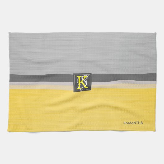 Linge De Cuisine Simple deux tons jaune et gris Initiales Monogramm (Horizontal)