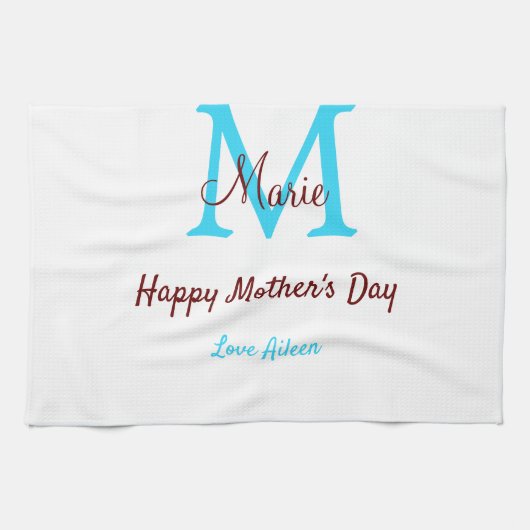 Linge De Cuisine simple minimum jour mère bleu monogramme rose nom (Horizontal)