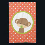Linge De Cuisine Singe-bébé Brown avec Pacificateur en Pois<br><div class="desc">Une serviette de cuisine avec un mignon petit singe avec une suce dans la bouche Dans un cercle vert olive. L'arrière - plan est un motif à pois orange et blanc.</div>