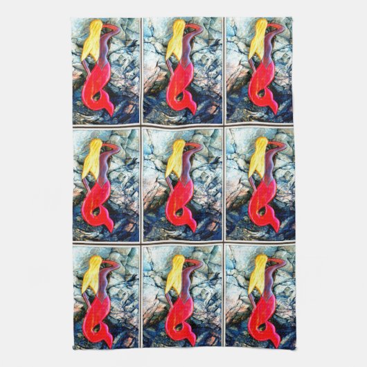 Linge De Cuisine sirène blonde en rouge (Vertical)