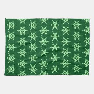 Linge De Cuisine Snowflakes, cristaux vert pâle sur vert foncé