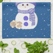 Linge De Cuisine Snowman avec des lapins couchés (Plié)