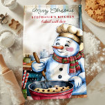 Linge De Cuisine Snowman Baking Cookies de Noël Personnalisés<br><div class="desc">Ajoutez une touche de gaieté festive à votre cuisine avec cette serviette de Noël personnalisée avec un adorable bonhomme de neige biscuits à la cuisine. Portant le casquette et le foulard d'un chef, ce charmant bonhomme de neige apporte la joie des vacances tout en remuant un bol de pâte à...</div>