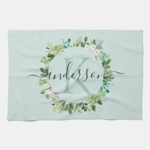 LINGE DE CUISINE SOFT AQUA BLUE WREATING FOLIAGE WATERCOLOR MONOGRA