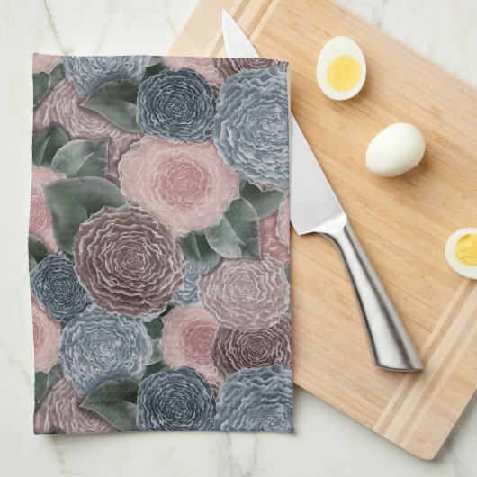 Linge De Cuisine Soft Romance Peony Motif - Muet rose et blues (Quart Plié)