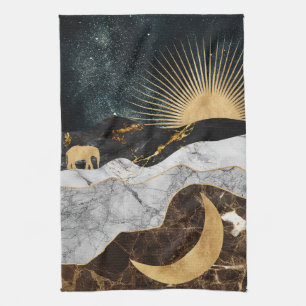 Linge De Cuisine Soleil et Lune dorés avec éléphant en marbre cosmi