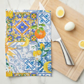 Linge De Cuisine soleil méditerranéen, fleurs, citron, moitié lune, (Quart Plié)