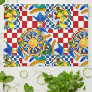Linge De Cuisine soleil sicilien, citron, carreaux méditerranéens,